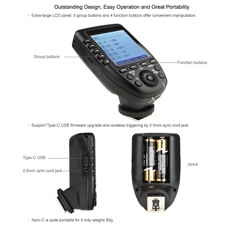 Godox Xpro-C TTL Wireless Flash Trigger for Canon 1/8000s HSS TTL-Convert-Manual Function Large Screen Slanted Design 5 Dedicated Group Buttons 11 Customizable Functions